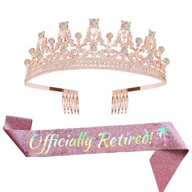 ALRBE TIN Women's Officially Retired Crown & Sash Set - Rose Gold Tiara, Sash for Retirement Party Events, Supplies & Decorations