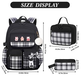 Daxuoyo 3PCS Girls Backpack Set for School - Cute Kids Bookbag with Lunch Box & Pencil Case, Stylish Backpack Combo for Girls Preschool Elementary Middle High School Students Teens Black