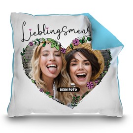PR Print Royal Photo Cushion with Saying "Lieblingsmensch" (Lieblingsmensch) to Design Yourself Cushion with Photo in Heart Shape – Anniversary Gifts | Includes Filling, Back Light Blue, 40 x 40 cm