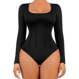 FeelinGirl Body Suit Long Sleeve Tummy Control Bodysuit for Women Body Sculpting Shaper Plus Size Shapewear Black 3XL