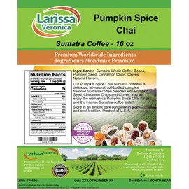 Pumpkin Spice Chai Sumatra Coffee (Gourmet, Naturally Flavored, Whole Coffee Beans) (16 oz, ZIN: 570126) - 3 Pack