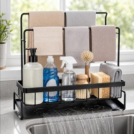 Sponge Holder for Kitchen Sink, Sink Caddy with Towel Bar & Wall Mount Hooks, Kitchen Organizer Storage Rack for Dish Sponge, Soap, Brush, Rustproof Stainless Steel, No Drilling Adhesive Design