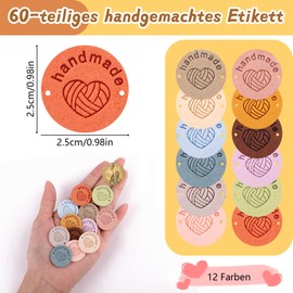 Pack of 50 Handmade Labels for Sewing, 12 Colours, Handmade Leather Labels, Round Label with Holes and Heart Relief, Leather Labels for DIY Jeans, Bags and Hats