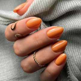 Orange False Nails Short Oval, SXVME Simple Acrylic Press on Nails Short, Orange Fake Nails Short, Natural Glue on Nails Short Almond, Solid Gel Full Cover Stick On Nails For Women Daily Wear