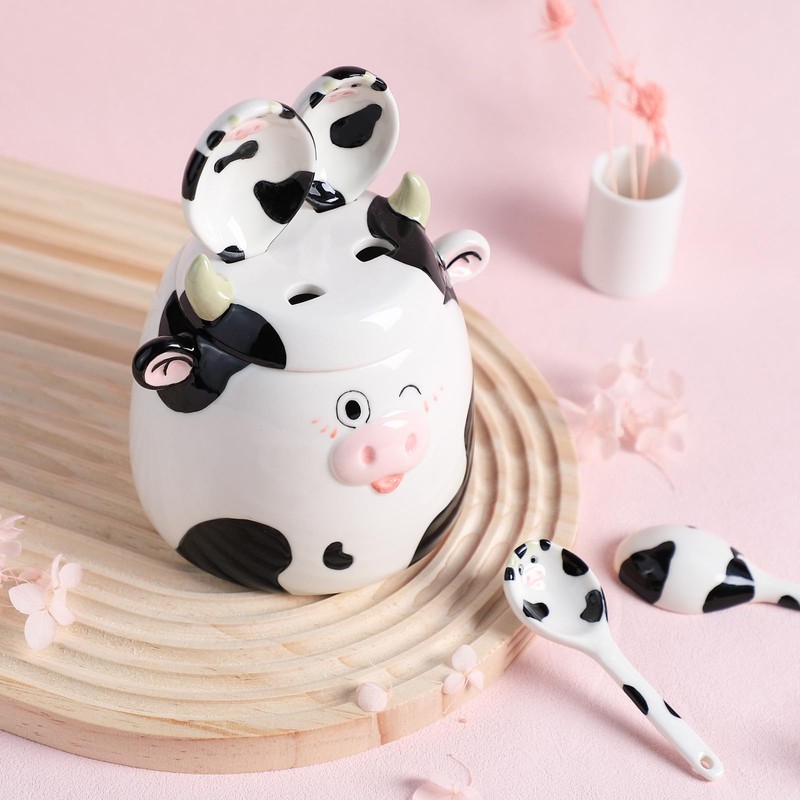 Bicuzat Ceramic Cow Pattern Measuring Spoons Set for Dry or
