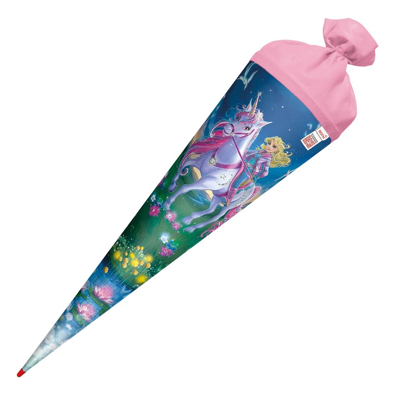 ROTH Motiv-Schultüte, Magische Einhornreiterin, 70 cm, rund, Rot(h)-Spitze, Filzverschluss, Glitter