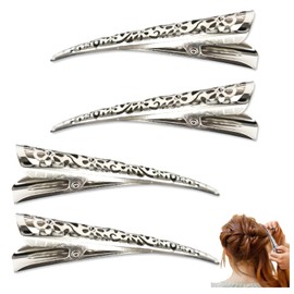 KMYZQDV 4 Packs Duck Bill Clips for Hair Large 5.1" Metal Duckbill Beak Hair Clip Long Alligator Claw Billed Clips for Women Silvery Flower Shaped Styling Accessories