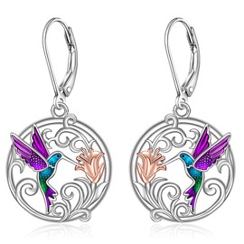 Hummingbird Earrings Purple Hummingbird Earrings for Women Sterling Silver Filigree Hoop Earrings Dangle Cute Animal Hummingbird Bird Jewelry Lover Christmas Healing Gifts