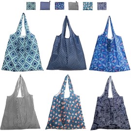 Ausein Bolsas Reutilizables de 6 Piezas, Bolsa Plegable de Poliéster de Gran Capacidad, Bolsas de Tela Ecologicas para Supermercado para Frutas, Verduras y Comestibles, Lavable a Máquina, 46 x 66cm