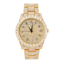 Techno Pave Men's 44mm Iced Out Solitaire Bezel Watch, Baguette Dial - Gold Dial