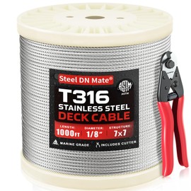 Steel DN Mate 1000FT 1/8" Genuine T316 Stainless Steel Cable for Deck Railing, 7x7 Strand Wire Rope with Cutter, Marine Grade Aircraft Cable, for Stair Fence,Corrosion-Resistant, ASTM Certified DW01
