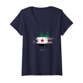 Womens Syrian Revolution Watercolor Flag, Vintage Syria Flag V-Neck T-Shirt