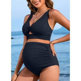 Charmo Maternity Bathing Suit High Waist Bikini Sets Full Coverage Ribbed 2 Piece Pregnancy Swimsuit Nursing Swimsuit Navy S