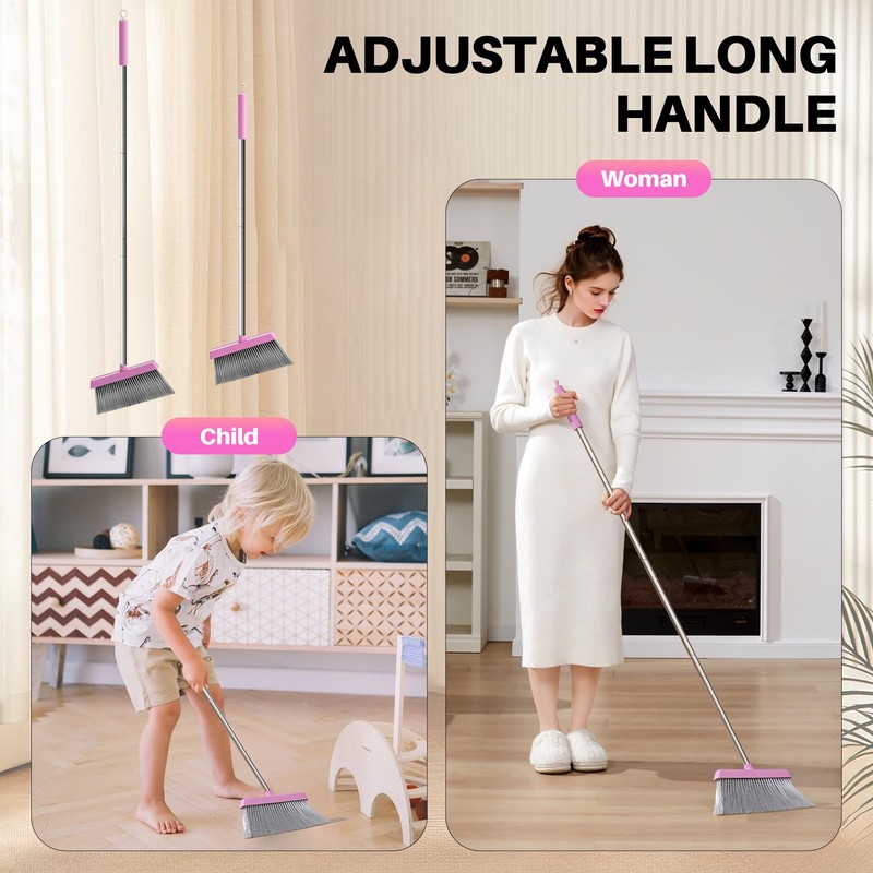 JOYMOOP Pink Broom and Dustpan Set, Upright Angle with Built-in