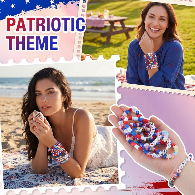 1300 Pcs Patriotic Bracelet Making Kit, Red White Blue Beads