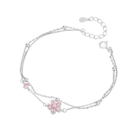 Dainty Flower S925 Sterling Silver Bracelet for Women Pink Cubic Zirconia Crystal Wedding Bracelet Lucky Flowers Statement Thin Link Chain Layered Adjustable Outfit Accessories Jewelry