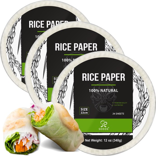 Soeos Rice Paper, White Rice Paper Wrappers, 3 Pack, 34 Sheets-Fresh Spring Roll Wrappers & Dumplings, Non-GMO, Gluten-Free, Low Carb, Vietnamese Rice Wraps (Round, 22cm)