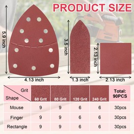 Ceoighe 90 Pcs Detail Sander Sandpaper Kit, Mouse Rectangle Finger Sanding Pads with Holes, Hook & Loop Sandpaper, Assorted 60/80/120/240 Grits Fit for Palm Sanders for Wood, Metal, Paint Polishing