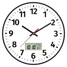 Foxtop Digital Wall Clock with Time, Day of Week and Temperature, Silent Non-Ticking Battery Operated Round Digital and Analog Wall Clock for Classroom Office Bedroom Home School (12 Inch, Black)