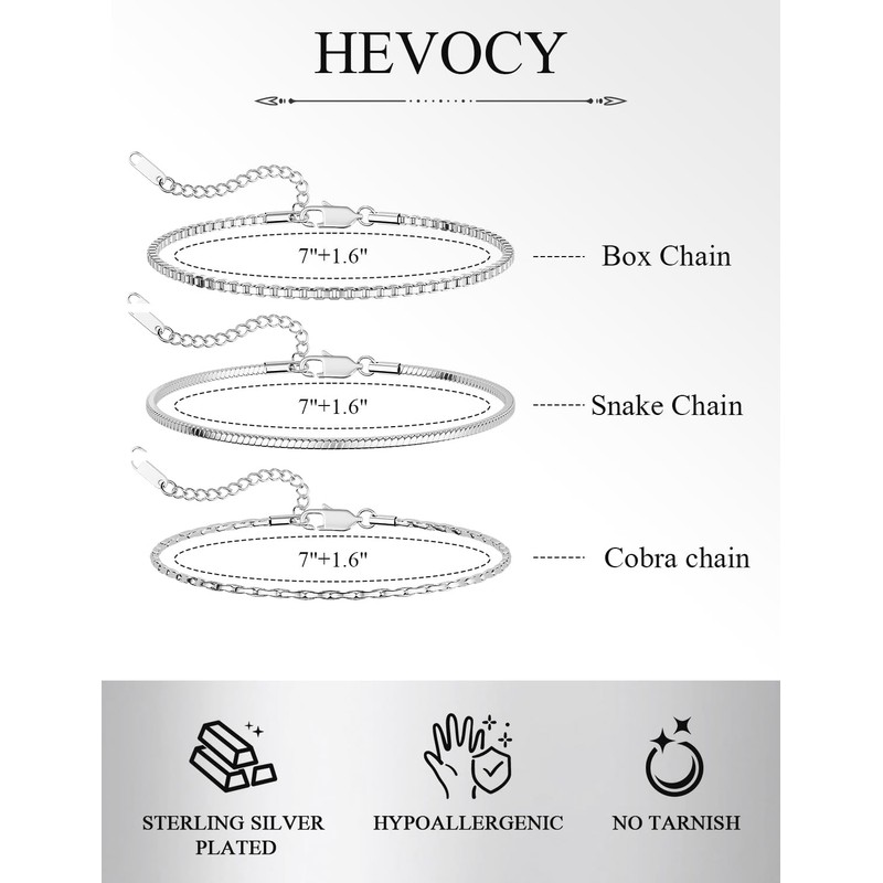 HEVOCY 3-Piece Silver Bracelet Set for Men, Thin Stainless Steel