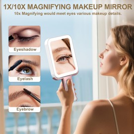 Mocado Travel Makeup Mirror with Lights,10X/1X Magnifying Mirror with Light, Double Sided Travel Mirror with 3 Color Light,Dimmable Touch,Lighted Makeup Mirror for Tabletop,Handheld,Hanging(Rose Gold)