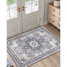 DEXI Area Rugs for Entryway, 2'5"x4' Washable Low Pile Vintage Traditional Entry Rug Non Slip, Indoor Door Mat for Bedroom Kitchen Entrance Hallway, Blue Grey