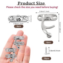 Misuyue 4pcs Antique Vintage Lock Clasp, Silver Left Latch Hook Hasp, 32 x 28mm Mini Swing Arm Clasp Latch for DIY Suitcase Toolbox Wooden Case