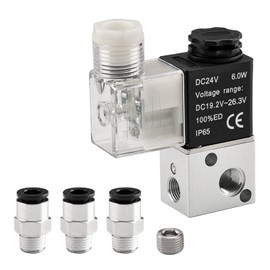 Heschen Electric Pneumatic Solenoid Valve 3V1-06 24VDC PT1/8 3/2 Way Normally Closed CE with Fittings and Silencer