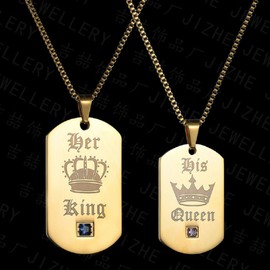 Uloveido Yellow Gold Color Couples A Pair of His Queen & Her King Match Necklaces for Men and Women - Titanium Stainless Steel Square Dog Tag Pendant Necklace SN118 (Yellow Pairs)