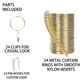 Curtain Rings and Hooks Clip,38mm Inside Diameter,Complete Set with Curtain Pole Rings, Hooks and Clips Pack of 24 Curtain Rings for Two Standard Curtains Gold TXZWJZ