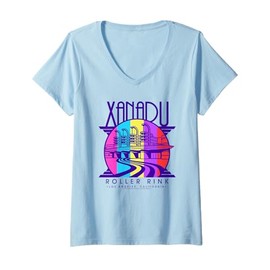Womens Olivia Newton-John Xanadu Roller Rink Rainbow Logo V-Neck T-Shirt