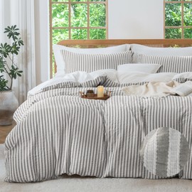 MILDLY MILDLY Brown Jacquard Stripe Duvet Cover - 100% Washed Cotton Boho Textured Comforter Cover 3pcs with Zipper Closure 90"x90"