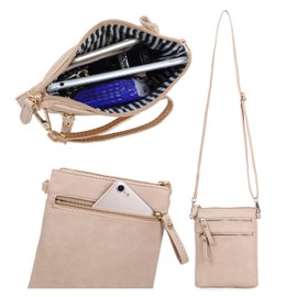 Solene Women's Faux Leather Organizer Multi Zipper Pockets Handbag With Detachable Wristlet Crossbody Bag-WU002(Nude)