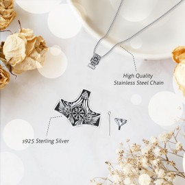 Thanches Viking Mjolnir Urn Necklace for Ashes, 925 Sterling Silver Thor's Hammer Pendant Charm Norse Pagan Ashes Keepsake Cremation Jewelry Memorial Gift