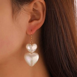 Yheakne Boho Pearl Heart Drop Earrings White Pearl Dangle Earrings Vintage Double Heart Earrings Large Pearl Earrings Jewelry for Women and Girls