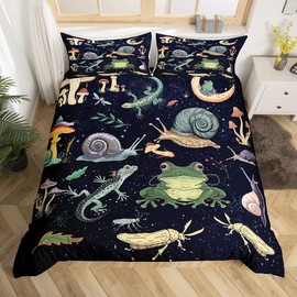 Manfei Kids Mushroom Duvet Cover Set Twin Size, Snail Gecko Frog Dragonfly Bedding Set 2pcs for Boys Teens Bedroom Decor, Botanical Comforter Cover Wildlife Theme Quilt Cover with 1 Pillowcase