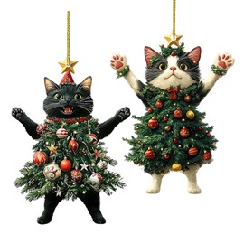 2PCS Cat Christmas Tree Decorations, Acrylic Animal Ornament Pendant, Cute Pet Rustic Seasonal Décor, Christmas Ornaments For The Home, Ceiling, Shelf, Bookshelf Car (2pcs)