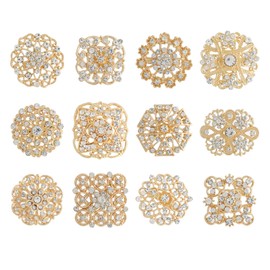 Lovejftty 12 Pieces Gold Wedding Bouquet Brooches for Women Fashion, Rhinestone Bulk Flower Brooch Pins for Crafts (Gold-12pcs)