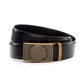 Anson Belt & Buckle - Mens 1.5 inch Golf Buckle in Antiqued Gold with Ratchet Belt Strap (Premium Leather, Black)
