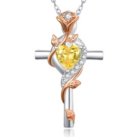 Zeuslia Women's Necklace Rose Cross Pendant Necklace Sterling Silver Cross Birthstone Rose Pendant Anniversary Wedding Birthday Jewellery Gifts for Wife Mother Girlfriend, Sterling Silver, Citrine