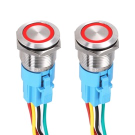 DMiotech 2Pcs 19mm / 3/4" Push Button Switch, IP65 1NO1NC 12-24V 5A Momentary Latching Push Button Starter Light Switch Self-reset with Red Light Round, Stainless Steel Flat Head Silver