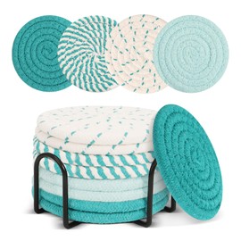 Coasters Set of 8,Fabric Coasters for Drinks,Absorbent Woven Coaster with Holder,Cute Blue Cloth Coaster for Coffee Table,Boho Decor for Living Room,Birthday Gifts for Women