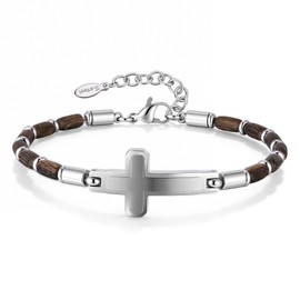 Christian Cross Bracelet for Men : Unique Wood Cross Beaded Bracelets,Adjustable Stainless Steel Faith Link Chain,Men Religious Jewelry Gift for Birthday Anniversary Christmas Boyfriend Husband Him