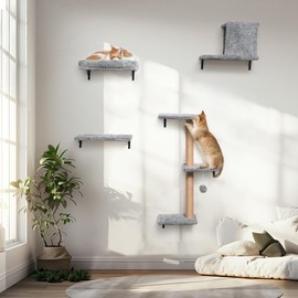 FUKUMARU Cat Wall Shelves, Stable & Safe 4 in 1 Cat Furniture Set, Wooden Climbing Wall with Scratching Post for 16 Inch Drywall - Light Gray