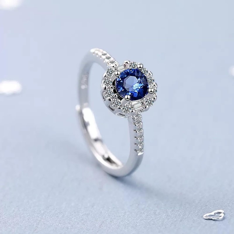 Adjustable Silver Rings For Women Simulated Diamond Round Blue Ring