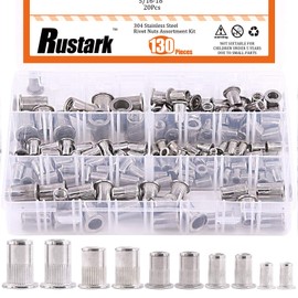 Rustark 130 Pcs 304 Stainless Steel Rivet Nuts Assortment Kit Includes 8-32'', 10-24'', 1/4-20", 5/16-18", 3/8-16", Flat Head Threaded Inserts Nutsert Rivnuts Fasteners
