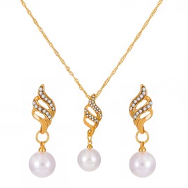Pearl Necklace Earrings Set Crystal Faux Pearl Pendant Necklace Chain Rhinestone Water Drop Dangle Jewelry for Women Girls (Gold)