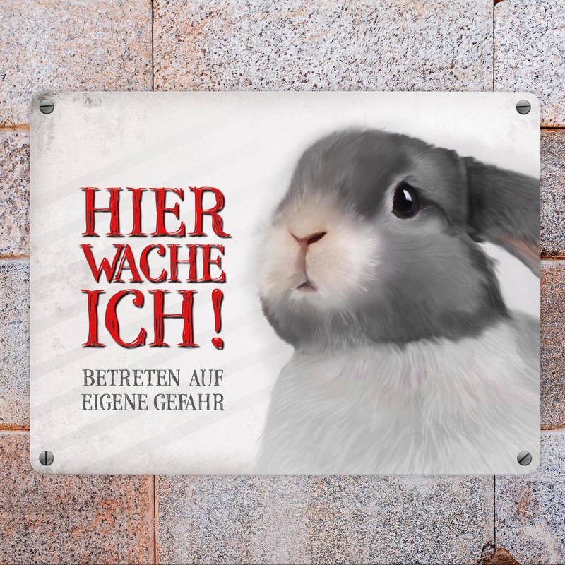 Metal Sign with Rabbit Motif and Saying "Betreten auf eigene