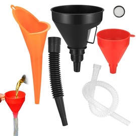 VireEyU 6 Piece Funnel Set, Filling Funnel Set, Right Angle Flexible Plastic Funnel Set, with Hose and Strainer for Oil Change, Funnel Set for Car, Workshop and Household