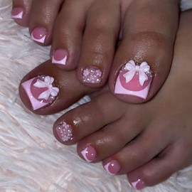 24Pcs French Press on Toenails Short Square Fake ToeNails with 3D Bow Pearl Designs Pink French Tip Toe Nail Press ons Cute Toenail Press ons Nude False Toenails Artificial Stick on Toenails for Women